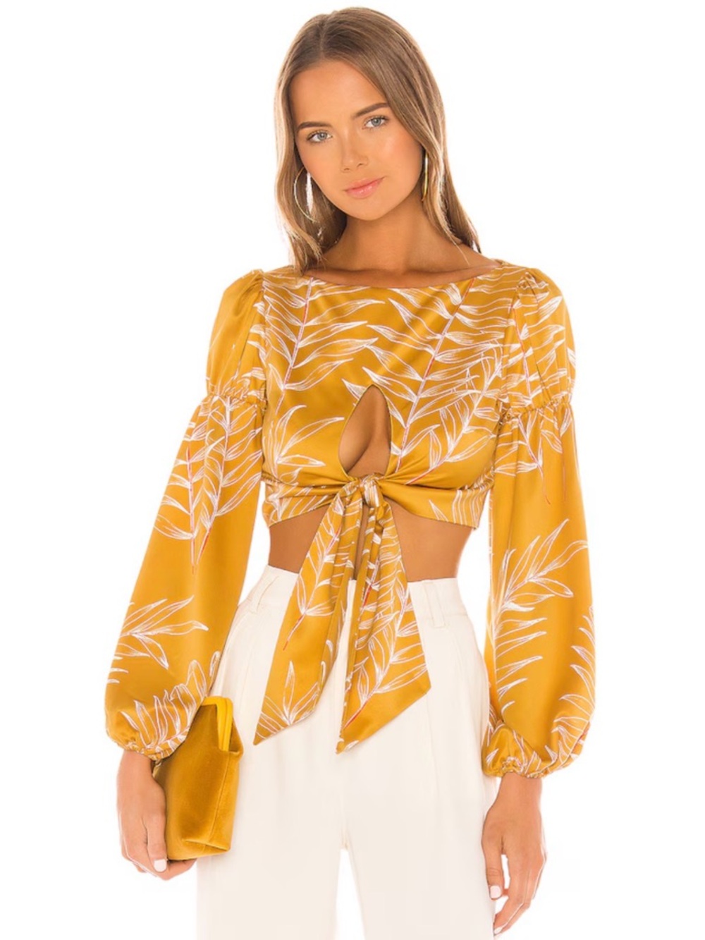Camila Coelho Tie-Front Long Sleeve Floral Crop Top in Mustard Yellow